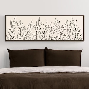 Boho Beige Coffee Colors Botanical Minimal Line Art Leaves Plants Large Canvas Wall Art, Horizontal Long Wide Panoramic Narrow Wall Hanging