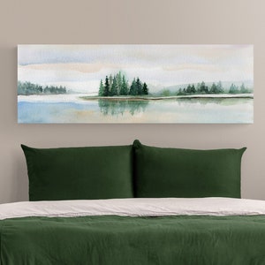 Bedroom Wall Decor Over the Bed, Horizontal Long Narrow Wall Art, Lake House Decor, Panoramic Watercolor Landscape Canvas Prints Home Decor