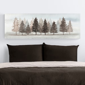 Neutral Forest Pine Trees Narrow Long Horizontal Canvas Wall Art, Over the Couch Wall Decor,Oversized Panoramic Nature Rustic Painting Print