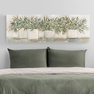 Large Horizontal Wall Art Canvas Botanical Greenery Watercolor Leaves in Pots Over the Bed Wall Home Decor Original Artwork Narrow Long Art