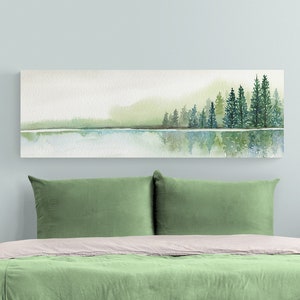 Bedroom Wall Decor Over the Bed, Long Narrow Horizontal Canvas Wall Art Emerald Green and White Panoramic Watercolor Landscape Home Decor