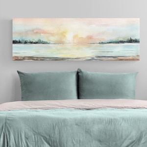 Lake House DEcor Extra Large Canvas Wall Art, Horizontal Long Narrow Watercolor Panoramic Wall Art, Over the Bed Wall Decor Art Home Decor