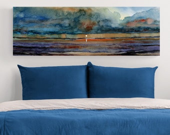 Beach Wall Art Long Narrow Wide Horizontal Orientation, Colorful Wall Art Beach Watercolor Canvas Print,Behind Bed Wall Decor Over Fireplace