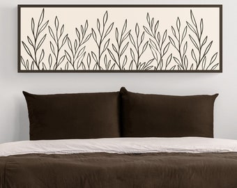Boho Beige Coffee Colors Botanical Minimal Line Art Leaves Plants Large Canvas Wall Art, Horizontal Long Wide Panoramic Narrow Wall Hanging