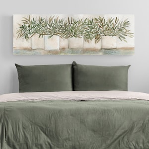 Large Horizontal Wall Art Canvas Botanical Greenery Watercolor Leaves in Pots Over the Bed Wall Home Decor Original Artwork Narrow Long Art