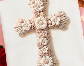 PNG Boho Floral Cross Faux Yarn Crochet Christian PNG Patch Beige Neutral Girly Flowers Trendy Design