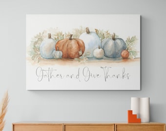 Large Fall Canvas Wall Art Watercolor Pumpkins Fall Decoration for Home Pumpkin Leaves Fall Sign Wall Decor Autumn Pictures Fall Sign Gather