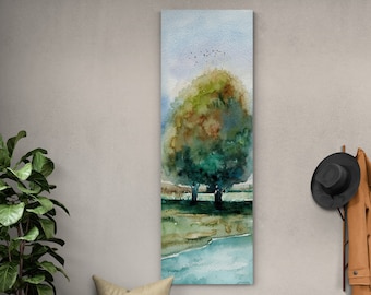 Vertical Tree Wall Art Living Room Wall Decor, Original Watercolor Canvas Prints Extra Large Landscape Painting Tall Home Room House Decor