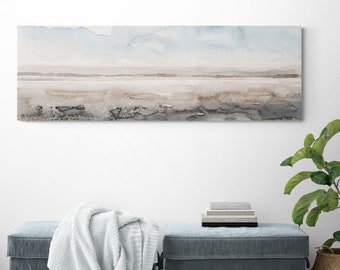 Extra Large Neutral Wall Art Long Beach Canvas Decor Narrow Wall Art Watercolor Horizontal Panoramic Picture Over Couch Living Room Decor