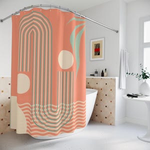 Cortina de chuveiro com estilo retrô da Flórida, verde salmão, bege, decoração de banheiro, moderna de meados do século, decoração de banheiro, cortina de chuveiro, acessório para banheira