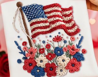 PNG American USA Flag and Flowers Faux Yarn Crochet Embroidery Vintage Patriotic PNG 4th of July Red White Blue Clipart Memorial Day