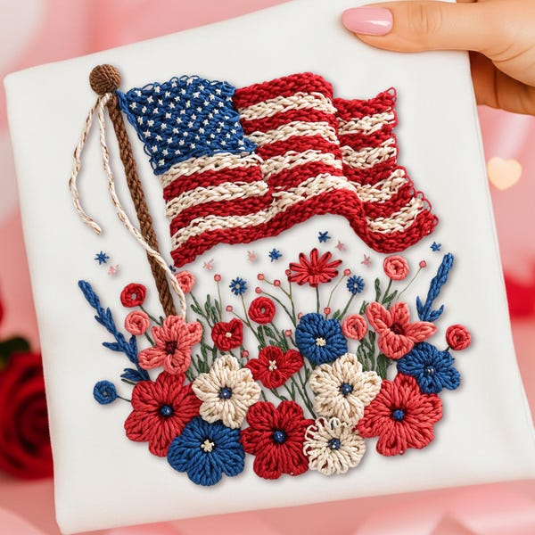 PNG Amerykańska flaga USA i kwiaty Sztuczna włóczka Szydełkowanie Haft Vintage Patriotyczny PNG 4 lipca Czerwony Biały Niebieski Clipart Dzień Pamięci