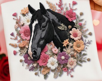 Cheval noir PNG Boho floral faux fil/broderie Cow-girl occidentale PNG tête de cheval téléchargement numérique instantané Clip Art