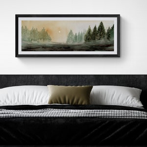 Watercolor Forest Horizontal Wall Art Digital Printable Lake Wide Tree Wall Art 12x36 Long Narrow Printable Above Bed Decor Instant Download