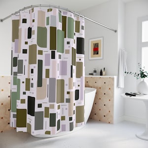 Mid Century Modern Shower Curtains Fun Graphic Retro Design Geometric Stall Shower Curtain Unique Bathroom Decor Bathtub Curtain Sage Green