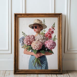 Hydrangea Harvest • Vintage Garden Woman with Hollyhocks Female Figure Art Painting Extra Large Wall Art 40x30 Available