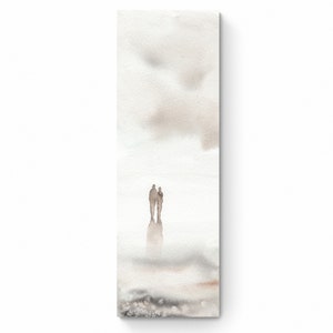 Couple Painting Walking on Beach Tall Long Narrow Vertical Canvas Wall Art Print Neutral Beige Master Bedroom Bathroom Artwork Original Art