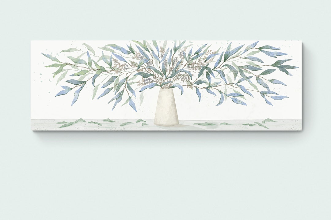 Light Blue and Green Botanical Wall Art Long Narrow Horizontal Canvas ...