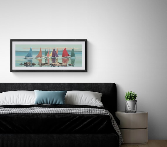 Printable Wall Art Sailboats Print Coastal Artwork 12x36 Long Horizontal Narrow Digital Download Decor Modern Beach Panoramic Printable Art
