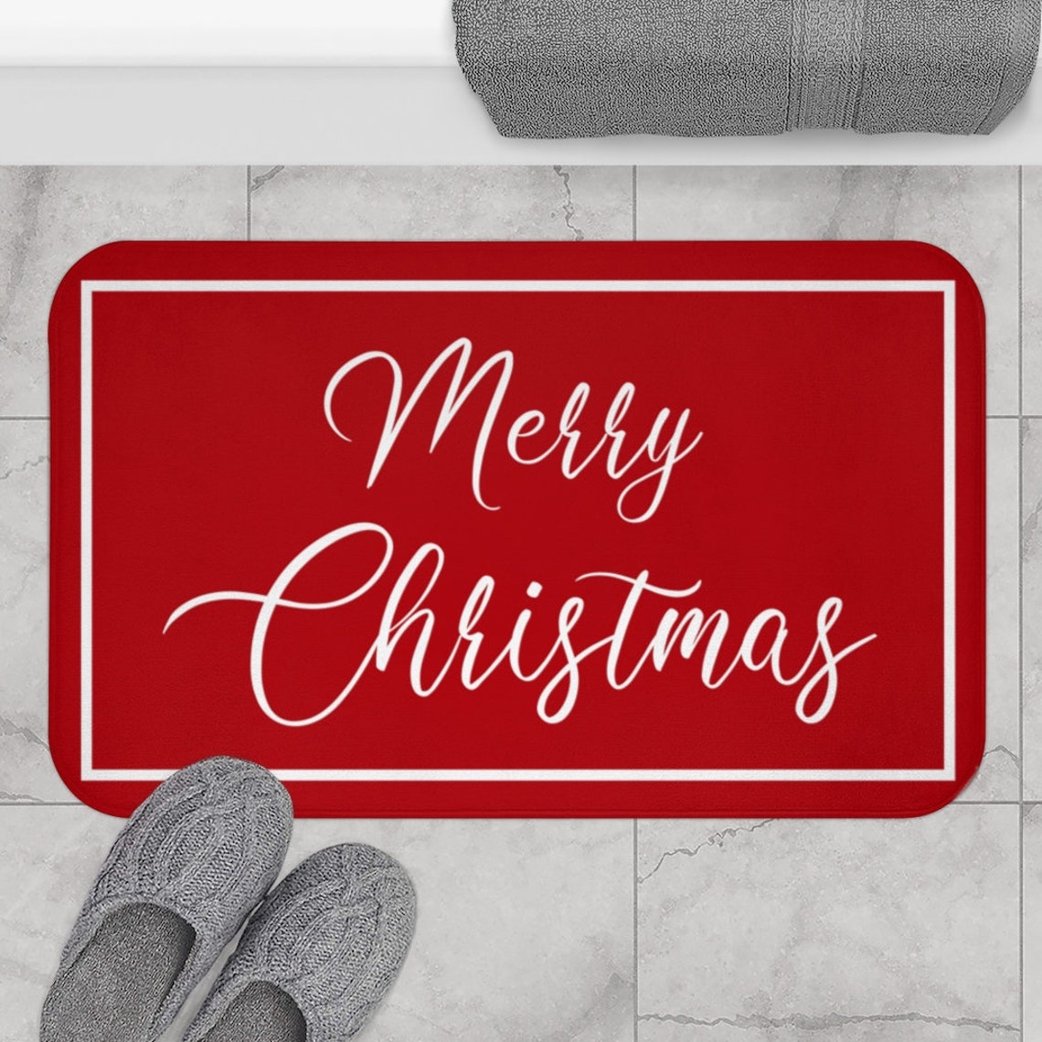 Merry Christmas Bath Mat Red Christmas Bathroom Bath Mats Etsy