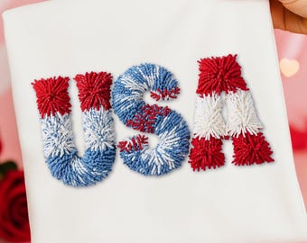 USA PNG Faux Yarn Crochet Embroidery Patriotic PNG 4th of July Red White Blue Clipart Memorial Day