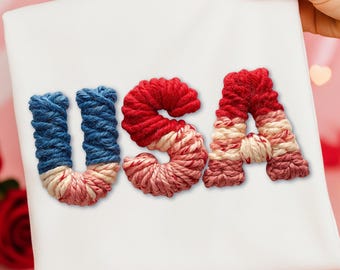 PNG USA Faux Yarn Crochet Embroidery Vintage Patriotic PNG 4th of July Red White Blue Clipart Memorial Day
