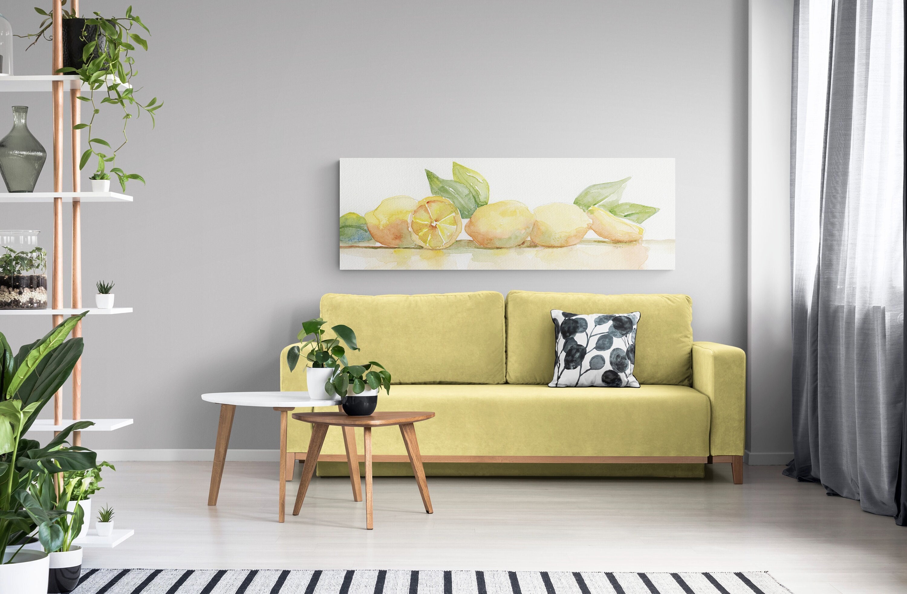 Lemons Decor Long Narrow Wide Horizontal Canvas Wall Art Print, Watercolor Lemon Kitchen Wall Decor Dining Room Food Art Room Home Decor