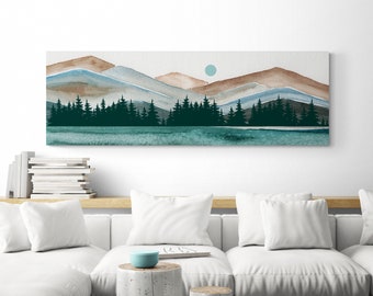 Mountain Wall Art Canvas Long Narrow Horizontal Print Mountain House Decor Over Couch Artwork Watercolor Abstract Mountains Nature Wall Art