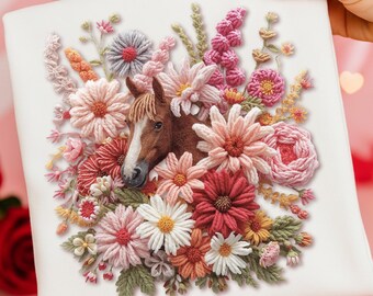 Oseille cheval PNG Boho floral faux fil/broderie Cow-girl western cheval PNG en fleurs Téléchargement numérique instantané Clip Art
