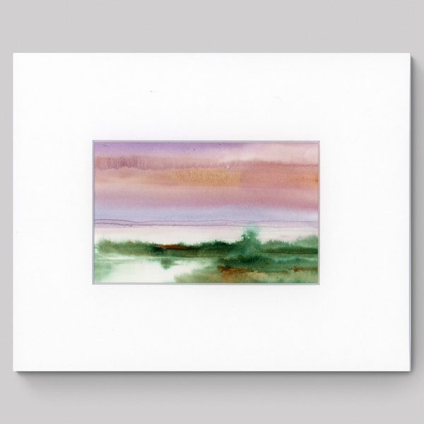 Original Watercolor Painting Beach Landscape Wall Art Small Paintings 6x4.5 w Mat fit 8x10 Frame Pink Sky Ocean Art Original Painting Gifts