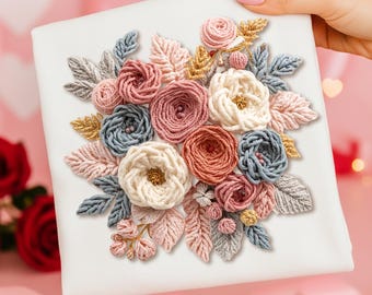 Floral Faux Yarn Embroidery PNG, Granny Chic Design (Digital Download)