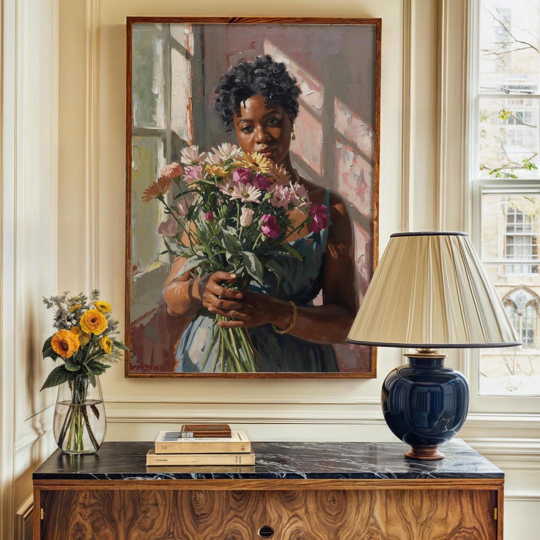Floral Bouquet Portrait • Vintage Oil Painting Style Black Woman Art ...