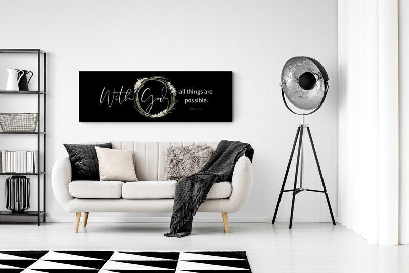 Bible Verse Horizontal Wall Art Large Scripture Wall Art Large Canvas Wall Art Quote Matthew 19:26 With God All Things Are Possible Sign