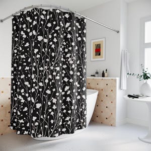 Black and White Floral Shower Curtain Cute Farmhouse Bath Decor Botanical Shower Curtain Bathroom Accessories Country Chic Bathroom Decor