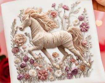 Cheval blanc PNG Boho floral faux fil/broderie Cow-girl occidentale PNG cheval de course fantastique téléchargement numérique instantané Clip Art