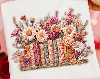Bookish PNG Boho Floral Faux Stitched Yarn Reading Books Trendy Book Lover Gift Design Instant Digital Download Clip Art