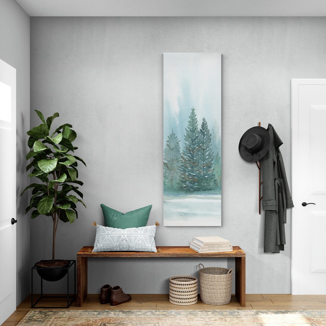 Long Narrow Vertical Wall Art Prints Winter Pine Trees Canvas, Oversize