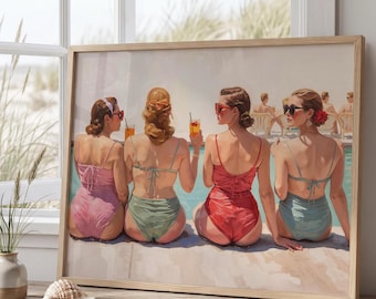 Coastal Pool Party Girls • Retro Swimsuit Summer Wall Art Rolled Posters