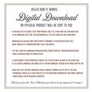 K&ouml;nnte beinhalten: Text, der erkl&auml;rt, wie man digitale Produkte herunterl&auml;dt, die auf Etsy gekauft wurden. Der Text enth&auml;lt Anweisungen, wie man auf Downloads zugreift, Best&auml;tigungszeiten und wie man digitale Downloads identifiziert. Der Text enth&auml;lt auch den Satz "Digitaler Download" in einer gro&szlig;en, stilisierten Schrift.