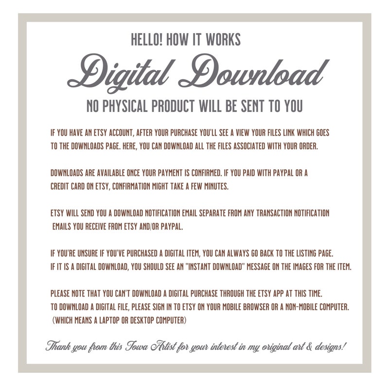 K&ouml;nnte beinhalten: Text, der erkl&auml;rt, wie man digitale Produkte herunterl&auml;dt, die auf Etsy gekauft wurden. Der Text enth&auml;lt Anweisungen, wie man auf Downloads zugreift, Best&auml;tigungszeiten und wie man digitale Downloads identifiziert. Der Text enth&auml;lt auch den Satz "Digitaler Download" in einer gro&szlig;en, stilisierten Schrift.