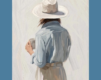 Western Cowgirl With Coffee Wall Art Digital Print Oil Painting Printable Feminine Decor