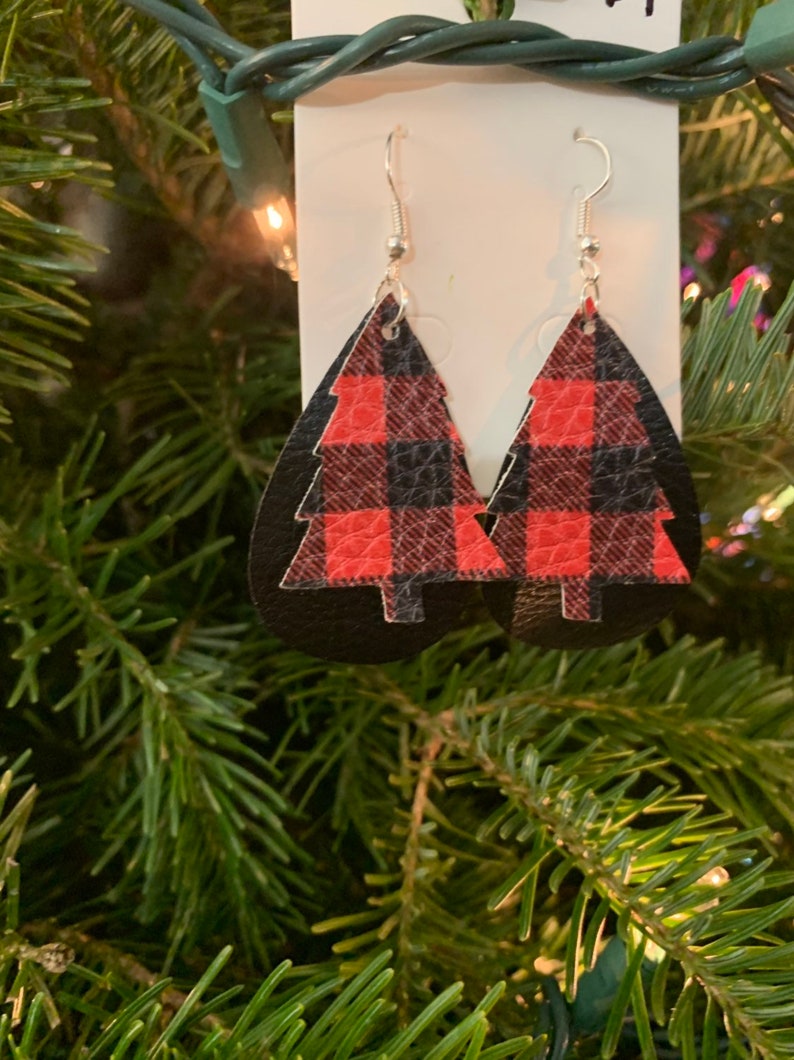 Buffalo Plaid Leather Christmas Tree Earrings
