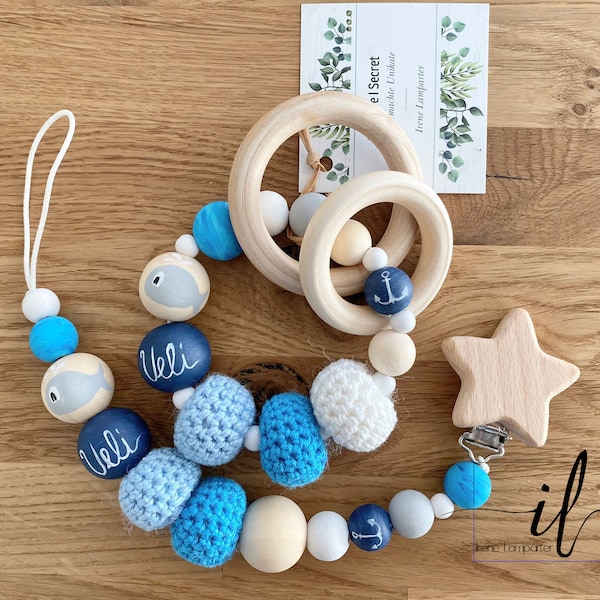 Schnullerketten-Set, blau, babyblau, delfin, anker, boys, girls, vintage weiß, baby, baby shower, Kinder, Geschenk, stern, name, birthday