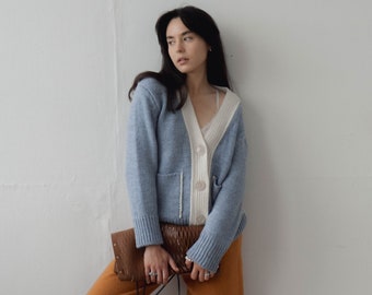 Women cardigan with buttons and front pockets from soft wool blend. Oversized knitwear for her. Gift for Girlfriend.