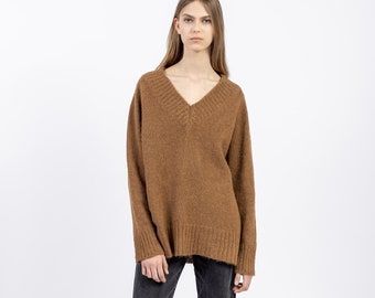 Women V-neck sweater from soft alpaca wool blend in camel brown color. Warm clothing for winter. Christmas gift for her.