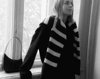 Striped Alpaca Blend Sweater: Hand-Knitted Mock Neck Pullover