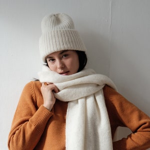 Alpaca wool blend hat and scarf set. Ribbed beanie and oversize scarf for women. Gift for her. Winterwear. NATURAL WHITE