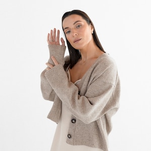 Oversized women cardigan with buttons from tweed wool yarn. Fall clothing. Gift for her.