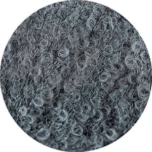May include: Close-up of a dark gray yarn with a fuzzy texture. The yarn is made of wool and is perfect for knitting or crocheting.