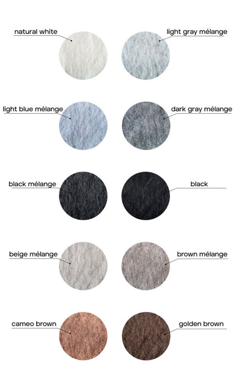May include: A collection of yarn samples in various colors, including natural white, light gray m&eacute;lange, light blue m&eacute;lange, dark gray m&eacute;lange, black m&eacute;lange, black, beige m&eacute;lange, brown m&eacute;lange, cameo brown, and golden brown.